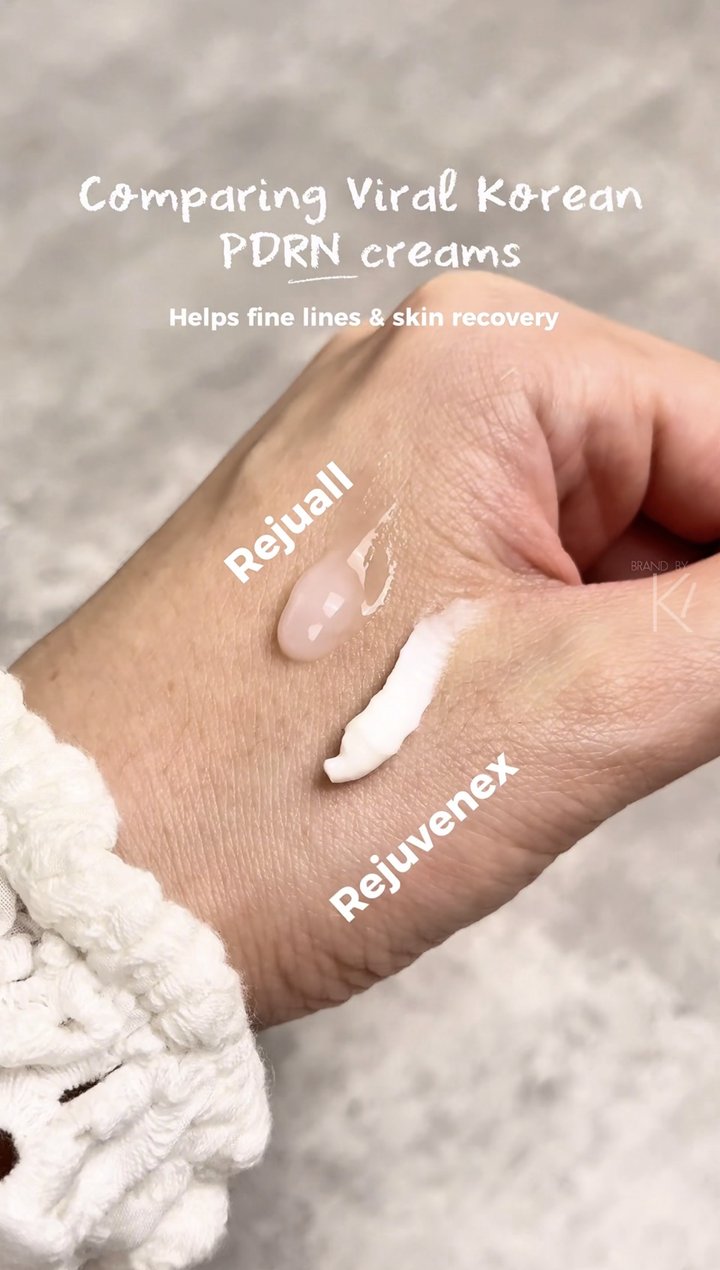 Comparing viral Korean PDRN creams — texture swatches of Dr. Rejuall and Rejuvenex